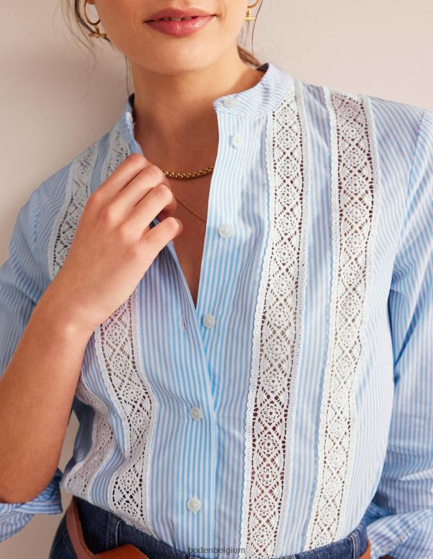 femmes Boden bleuet à fines rayures chemise en popeline à empiècements en dentelle vêtements Z42D0317