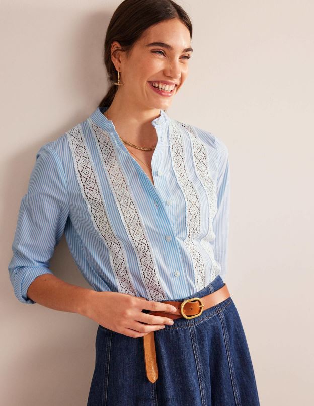 femmes Boden bleuet à fines rayures chemise en popeline à empiècements en dentelle vêtements Z42D0317