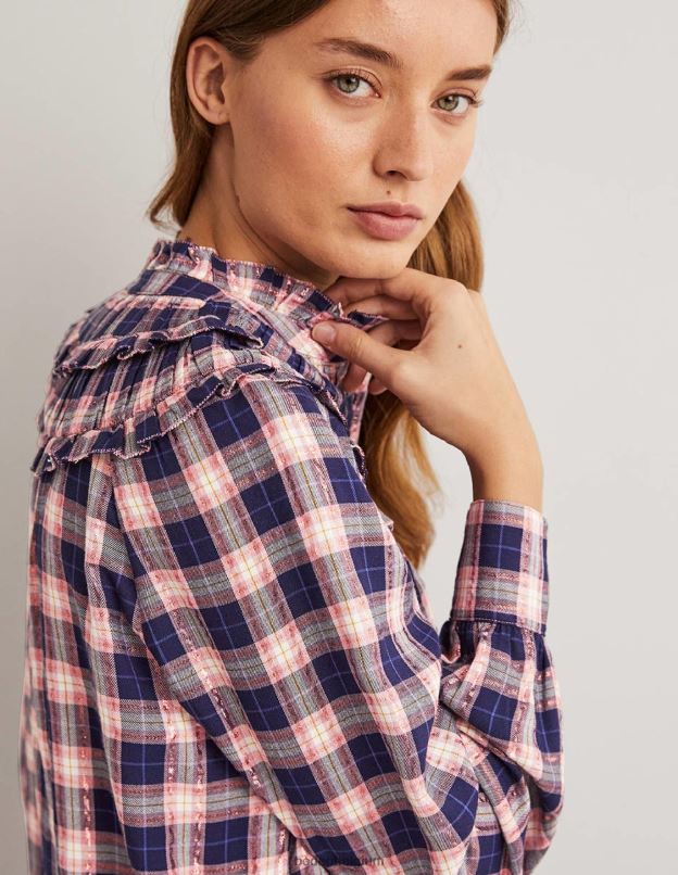 femmes Boden carreaux lurex marine et cuivre chemise à col montant et volants vêtements Z42D01959