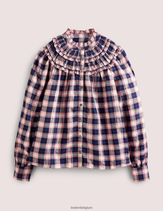 femmes Boden carreaux lurex marine et cuivre chemise à col montant et volants vêtements Z42D01959