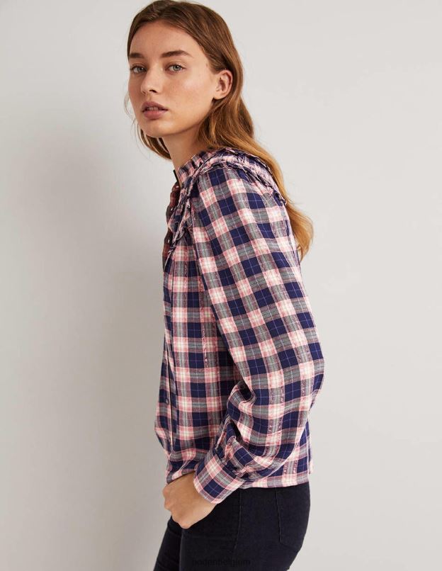 femmes Boden carreaux lurex marine et cuivre chemise à col montant et volants vêtements Z42D01959