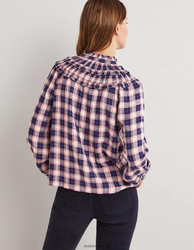 femmes Boden carreaux lurex marine et cuivre chemise à col montant et volants vêtements Z42D01959