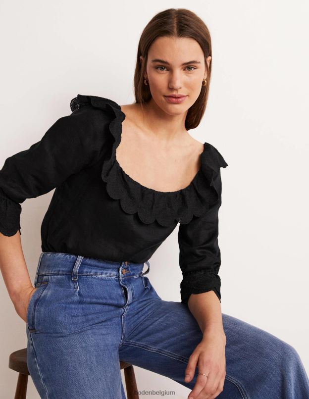 femmes Boden noir blouse en lin à volants et encolure carrée vêtements Z42D01934