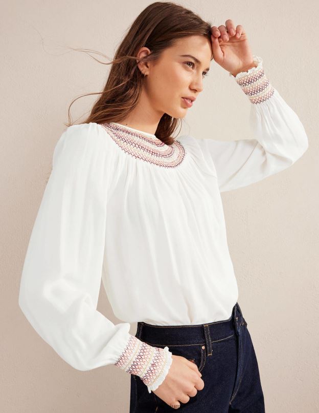 femmes Boden Ivoire haut smocké à col rond vêtements Z42D01406