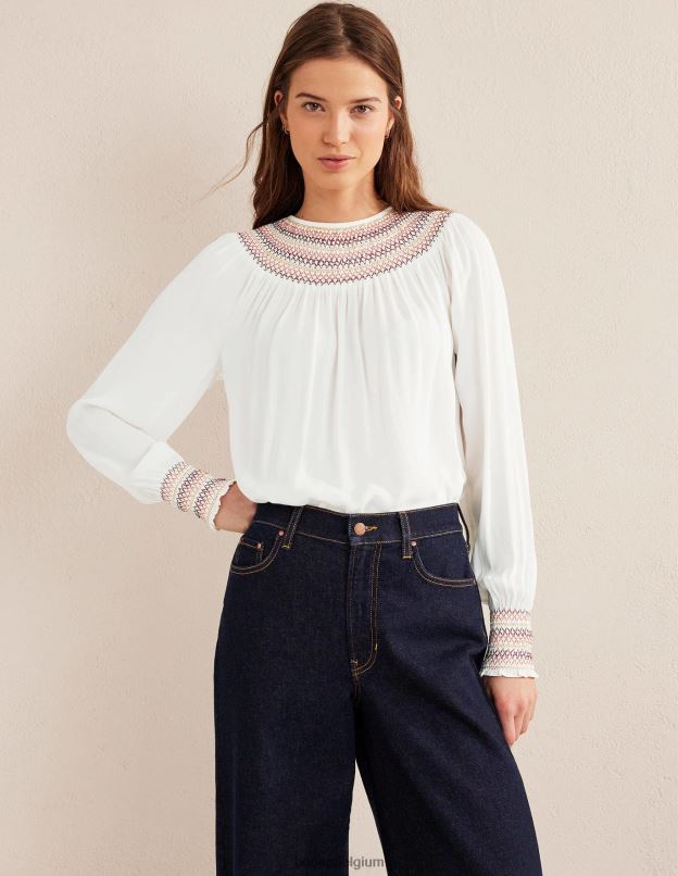 femmes Boden Ivoire haut smocké à col rond vêtements Z42D01406