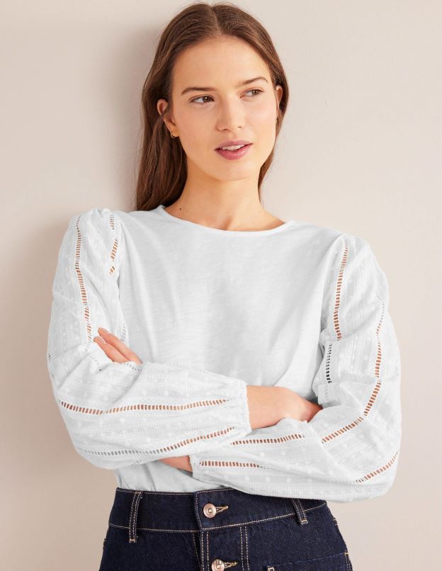 femmes Boden blanc haut à col rond et manches brodées vêtements Z42D02192