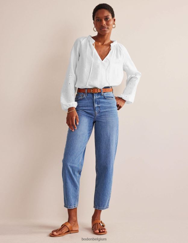 femmes Boden blanc haut en lin à col noué et broderie vêtements Z42D0105