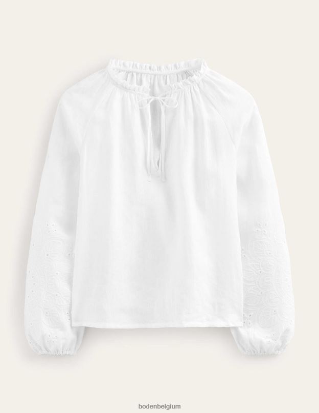 femmes Boden blanc haut en lin à col noué et broderie vêtements Z42D0105