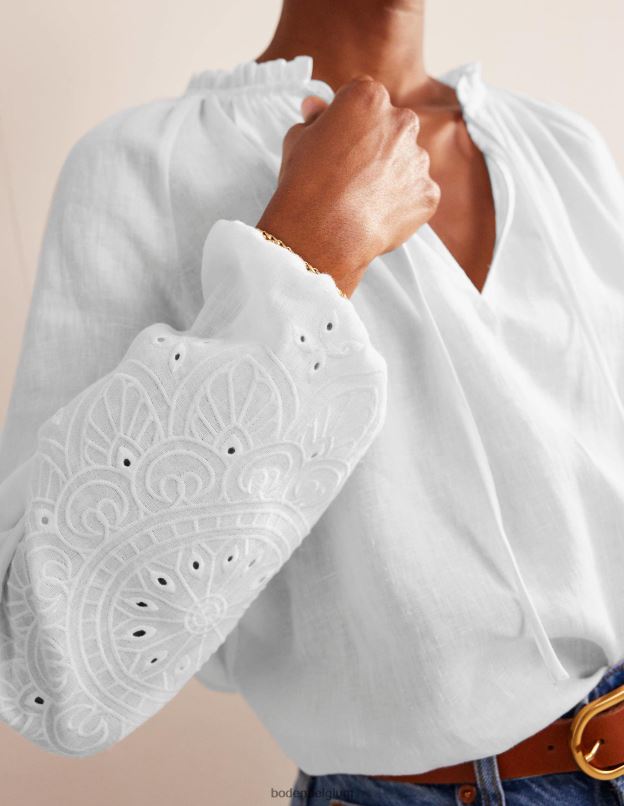femmes Boden blanc haut en lin à col noué et broderie vêtements Z42D0105