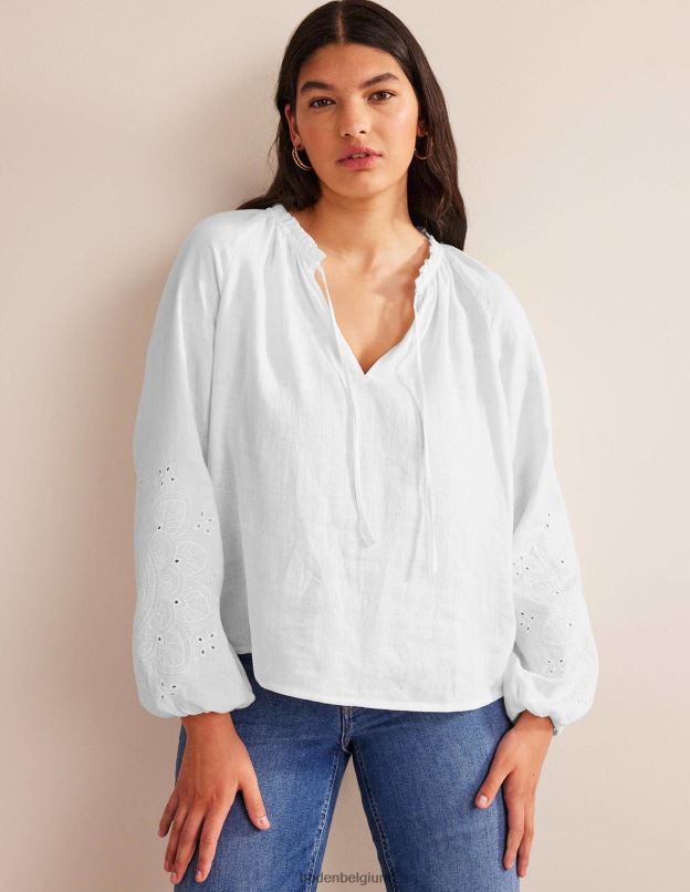 femmes Boden blanc haut en lin à col noué et broderie vêtements Z42D0105