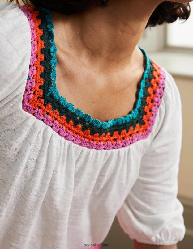 femmes Boden blanc haut à manches bouffantes et bordure en crochet vêtements Z42D02217