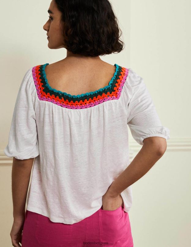 femmes Boden blanc haut à manches bouffantes et bordure en crochet vêtements Z42D02217