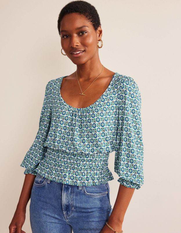 femmes Boden bleu égéen et printemps tournesol haut à basque en jersey smocké vêtements Z42D0110