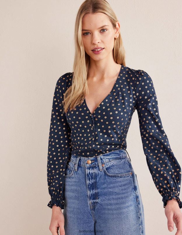 femmes Boden bleu marine français et pois fleuris haut à col en V boutonné sur le devant vêtements Z42D02518