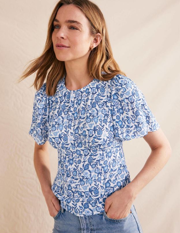 femmes Boden bleu porcelaine et fleur de pensée haut à manches flottantes vêtements Z42D02249