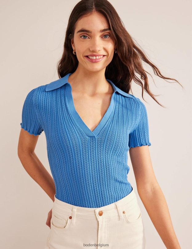 femmes Boden bleu porcelaine haut côtelé à col en pointelle vêtements Z42D02433