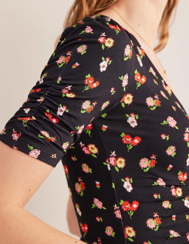femmes Boden brin noir et délicat haut imprimé froncé sur le devant vêtements Z42D01662