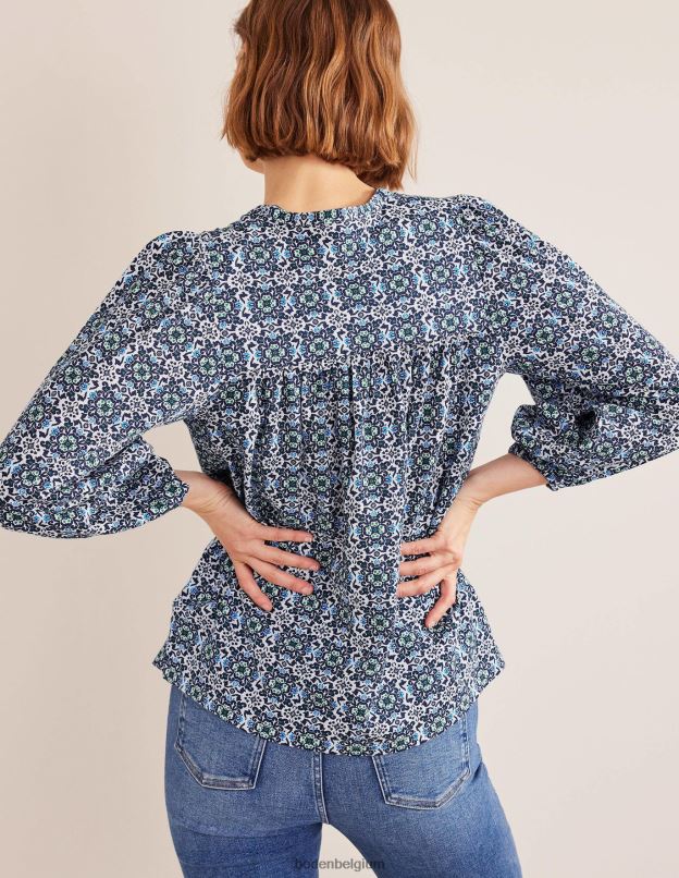 femmes Boden carrelage bleu haut imprimé à col cranté vêtements Z42D0962