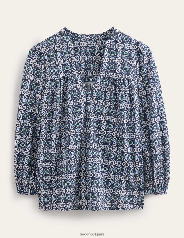femmes Boden carrelage bleu haut imprimé à col cranté vêtements Z42D0962