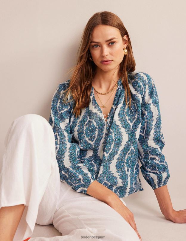 femmes Boden couronne bleue et botanique haut imprimé à col cranté et scintillant vêtements Z42D0112