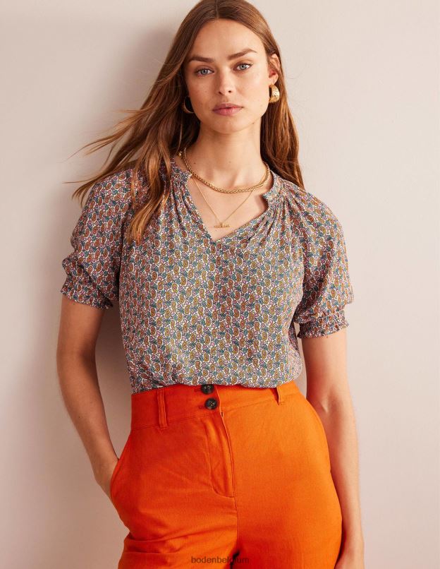 femmes Boden fleur de prunier et tige cachemire haut à manches courtes et col froncé vêtements Z42D0102