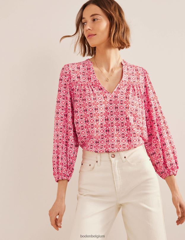 femmes Boden géo tuile rouge haut imprimé à col cranté vêtements Z42D02519