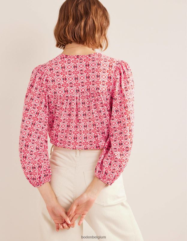 femmes Boden géo tuile rouge haut imprimé à col cranté vêtements Z42D02519