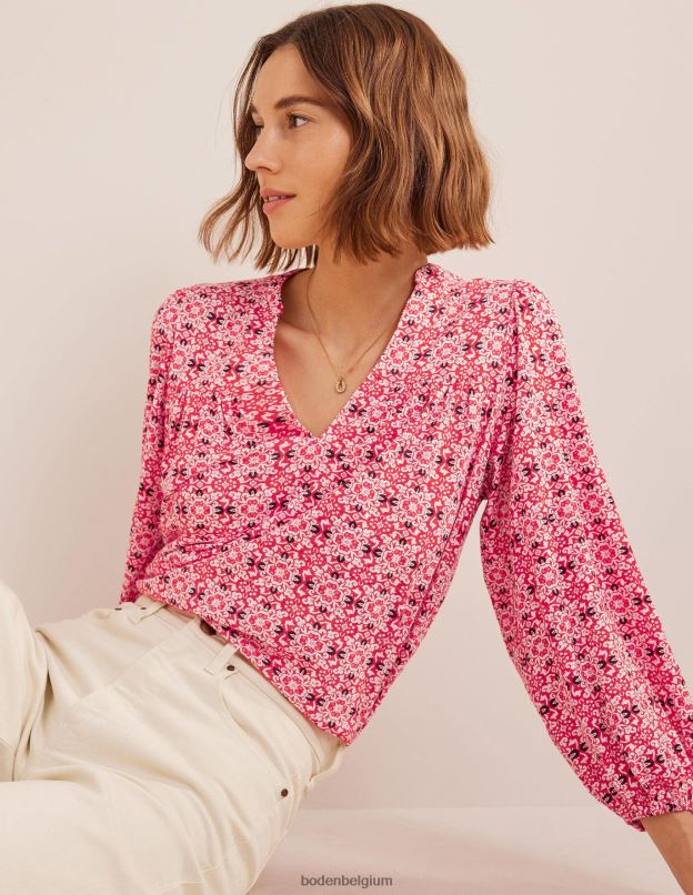 femmes Boden géo tuile rouge haut imprimé à col cranté vêtements Z42D02519