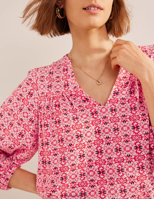 femmes Boden géo tuile rouge haut imprimé à col cranté vêtements Z42D02519