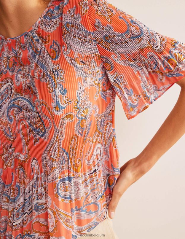 femmes Boden gelée d'orange et pop paradis haut plissé à manches flottantes vêtements Z42D0100