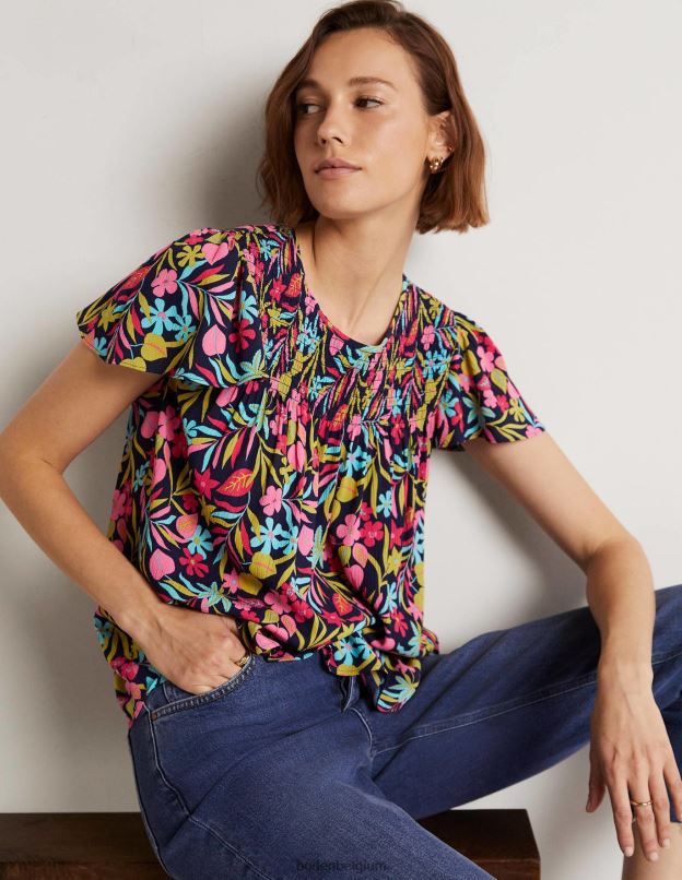 femmes Boden marine française et feuillage tropical haut smocké imprimé layla vêtements Z42D01972