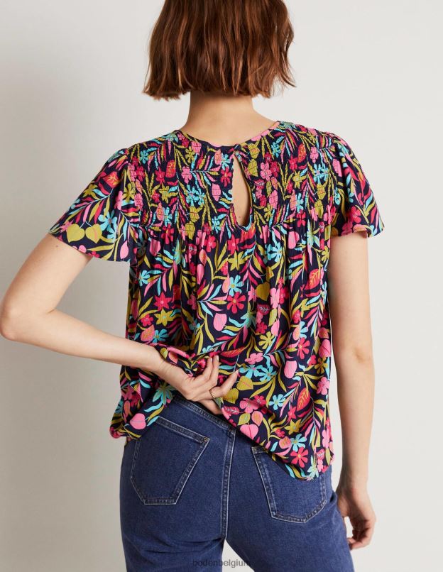 femmes Boden marine française et feuillage tropical haut smocké imprimé layla vêtements Z42D01972