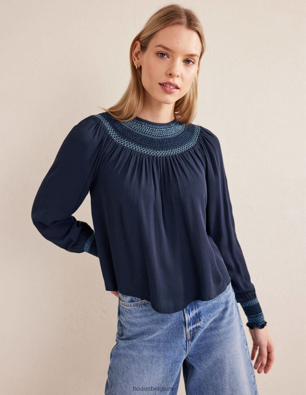 femmes Boden marine haut smocké à col rond vêtements Z42D01706