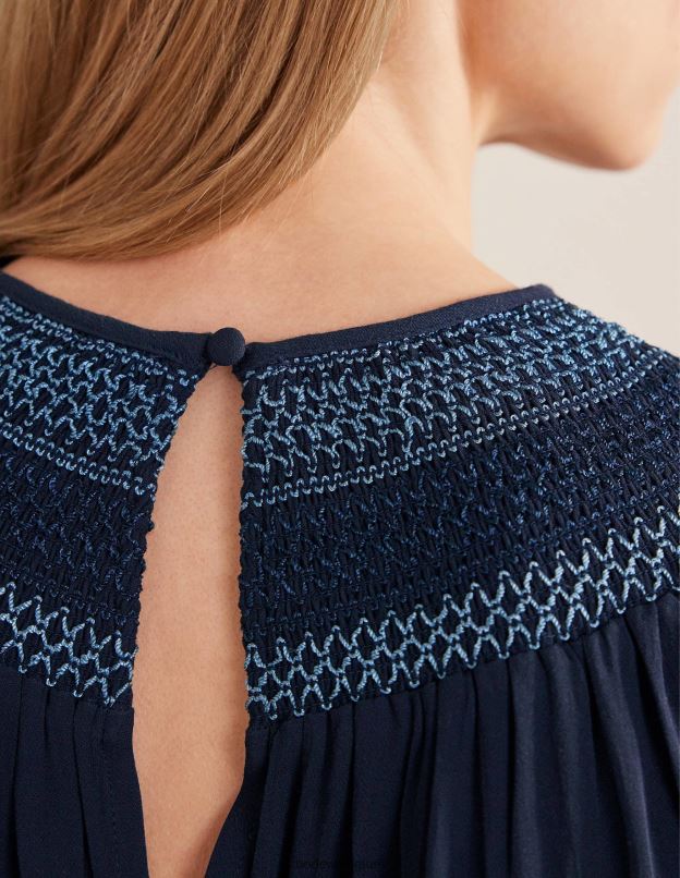 femmes Boden marine haut smocké à col rond vêtements Z42D01706