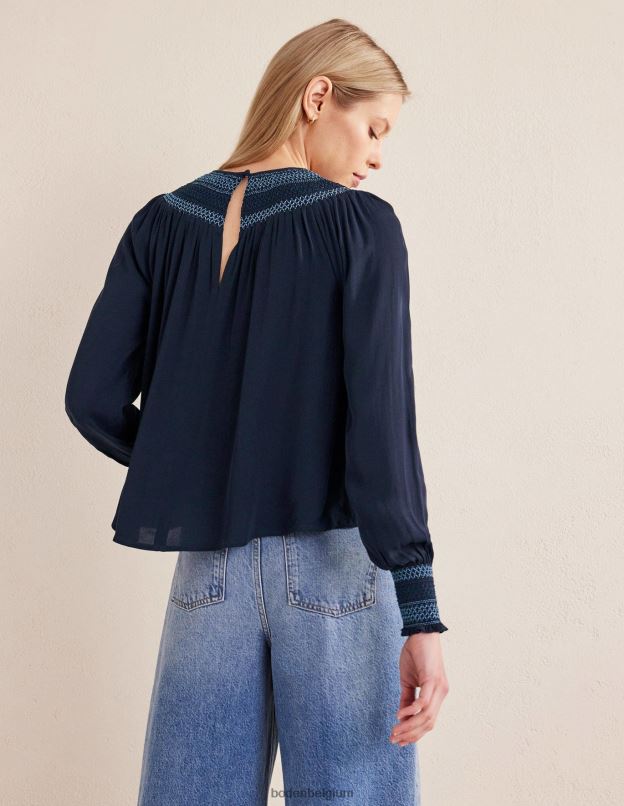 femmes Boden marine haut smocké à col rond vêtements Z42D01706