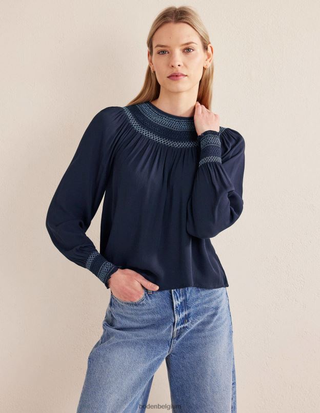 femmes Boden marine haut smocké à col rond vêtements Z42D01706