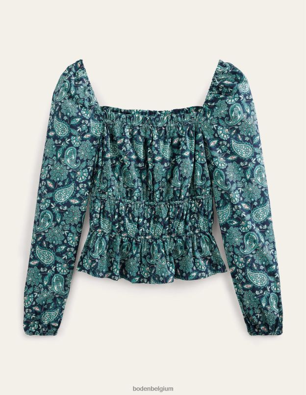 femmes Boden mer profonde et terrasse motif cachemire haut à basque et taille froncée vêtements Z42D01747