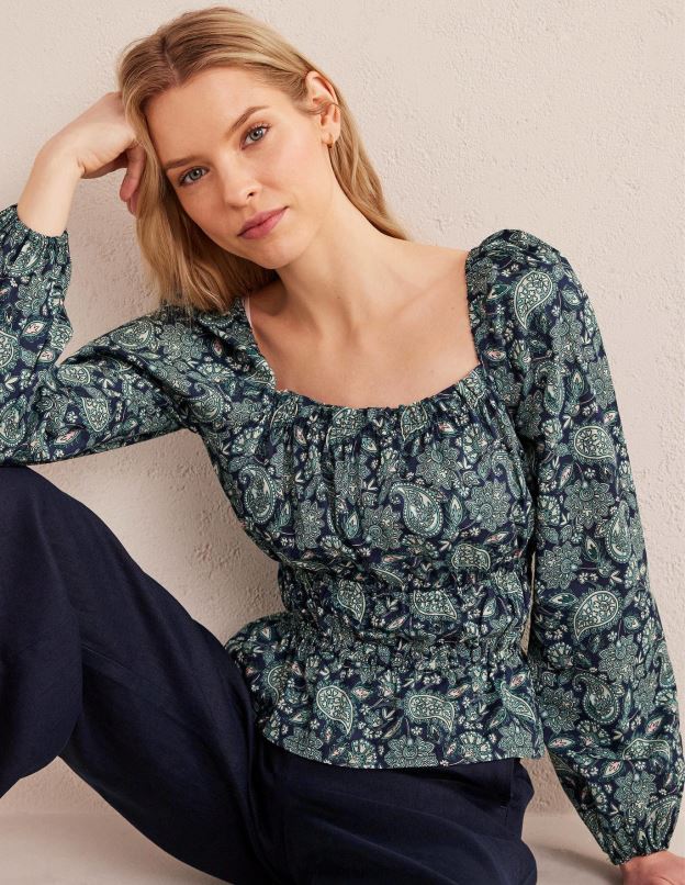 femmes Boden mer profonde et terrasse motif cachemire haut à basque et taille froncée vêtements Z42D01747