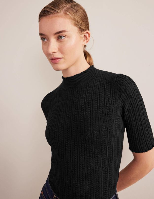 femmes Boden noir haut côtelé à col montant en pointelle vêtements Z42D01474