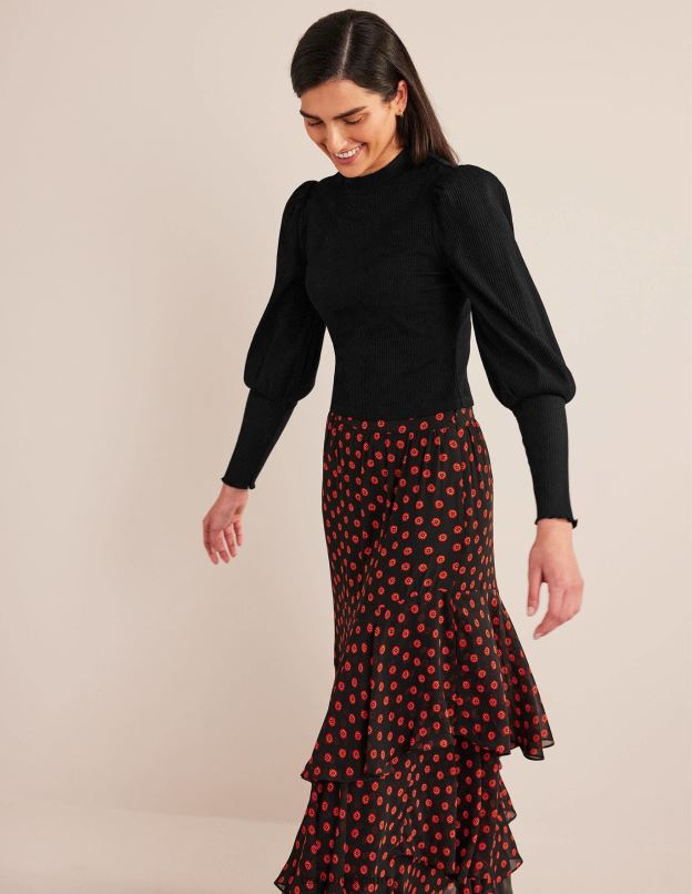 femmes Boden noir haut côtelé à détails de manches vêtements Z42D02591