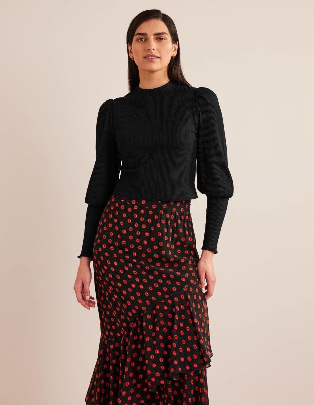 femmes Boden noir haut côtelé à détails de manches vêtements Z42D02591