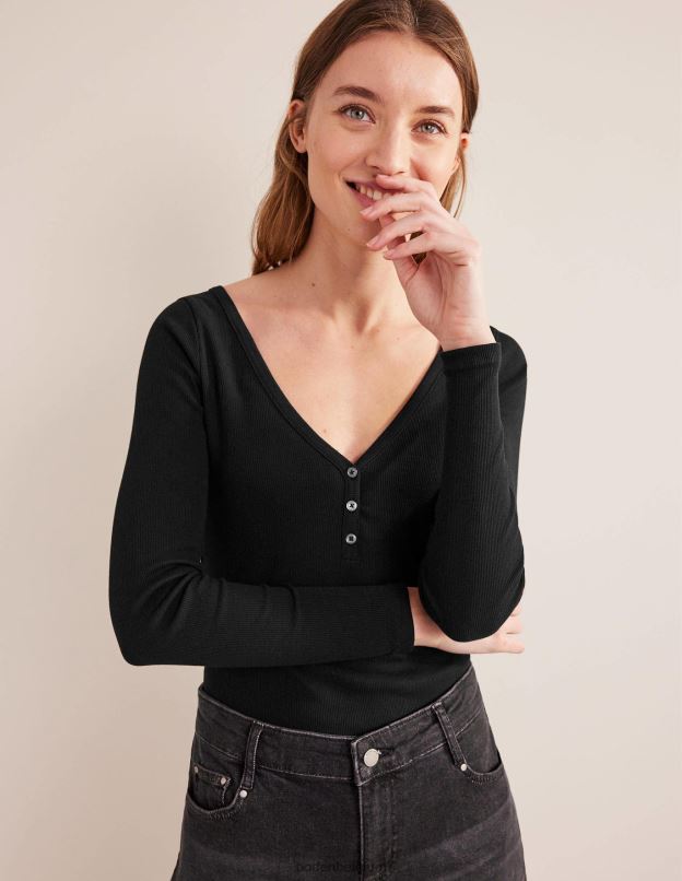 femmes Boden noir haut côtelé henley vêtements Z42D01827