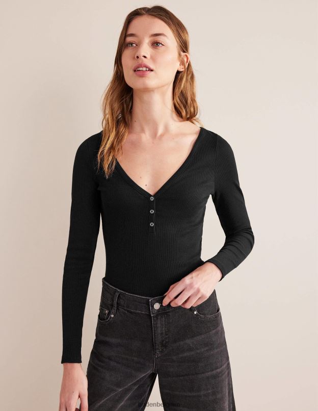 femmes Boden noir haut côtelé henley vêtements Z42D01827