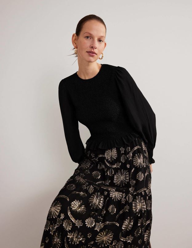 femmes Boden noir haut à corsage smocké à col rond vêtements Z42D01978