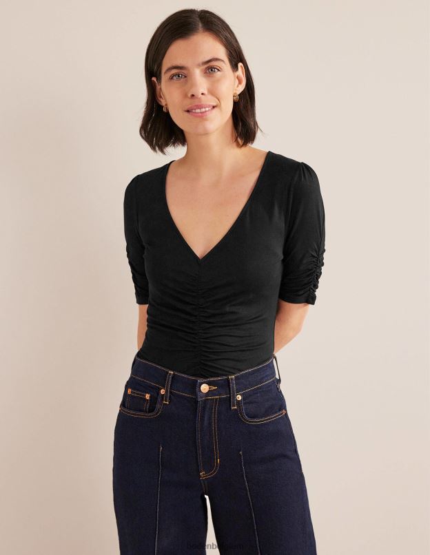 femmes Boden noir haut imprimé froncé sur le devant vêtements Z42D01450