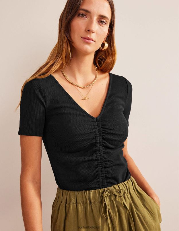 femmes Boden noir t-shirt côtelé froncé sur le devant vêtements Z42D02198