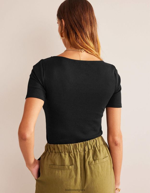 femmes Boden noir t-shirt côtelé froncé sur le devant vêtements Z42D02198