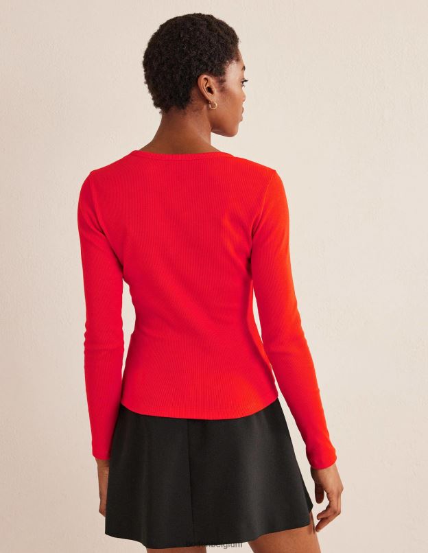 femmes Boden pop rouge haut côtelé à manches longues en coton vêtements Z42D01993