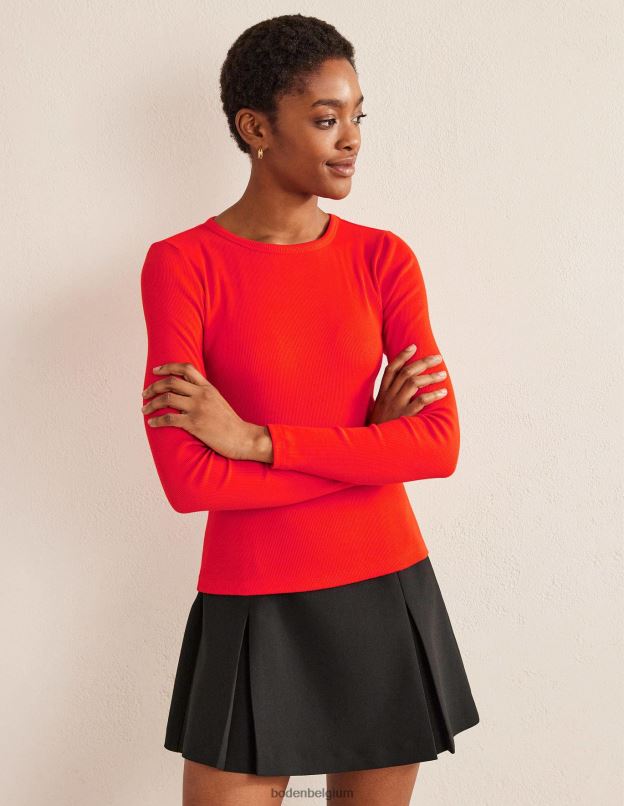 femmes Boden pop rouge haut côtelé à manches longues en coton vêtements Z42D01993