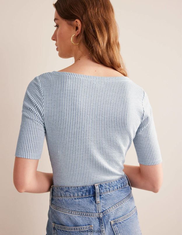 femmes Boden rayure bleu marine/blanc haut froncé sur le devant en seersucker vêtements Z42D02266